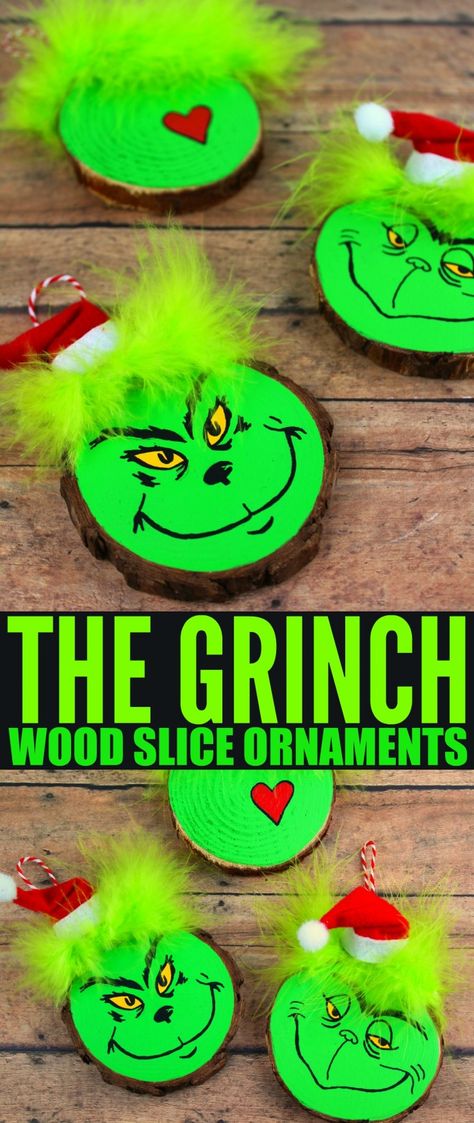 These Wood Slice Grinch Ornaments are a fun and festive holiday craft that make for great gifts and look great on a Christmas tree. We had so much fun making these Grinch inspired Christmas ornaments! Wood Slice Ornaments, Grinch Christmas Tree, Grinch Ornaments, Christmas Tree Painting, Ideas Hogar, Holiday Craft, Wood Slice Ornament, Wood Christmas Ornaments, Christmas Ornament Crafts