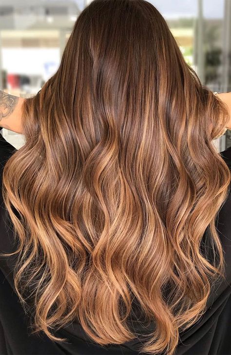 Best Hair Colours To Look Younger : Caramel highlights for long layers Hair Colour Ideas Caramel, Balayage Hair Honey Caramel Highlights, Caramel Ginger Balayage, Honey Almond Balayage, Caramel Balayage On Dark Blonde Hair, Caramel Balayage Layered Hair, Autumn Hair Color 2023, Honey Tones Brown Hair, Light Brown Honey Balayage