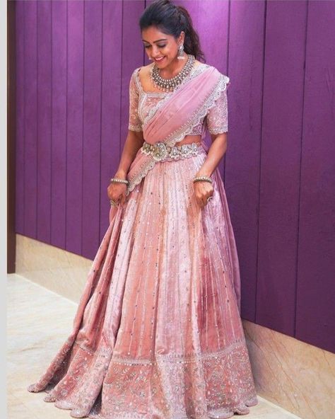 Bridal Langa Voni Half Saree, Pink Half Sarees, Langa Voni, Half Saree Function, Mirror Work Lehenga, Lehenga Saree Design, Half Saree Lehenga, Indian Bridal Sarees, Wedding Lehenga Designs