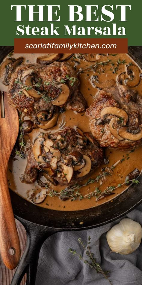 Steak Marsala is a delicious and easy dinner recipe, made start to finish in an hour. Juicy steaks are served in a savory marsala sauce with mushrooms that perfectly completes the dish. Beef Medallions With Mushroom Sauce, Beef Marsala Recipes, Chicken Beef Recipes, Top Sirloin Dinner Ideas, Carrabas Steak Marsala Recipe, Steak Marsala Sauce, Steak Medallions, Beef Marsala, Marsala Steak