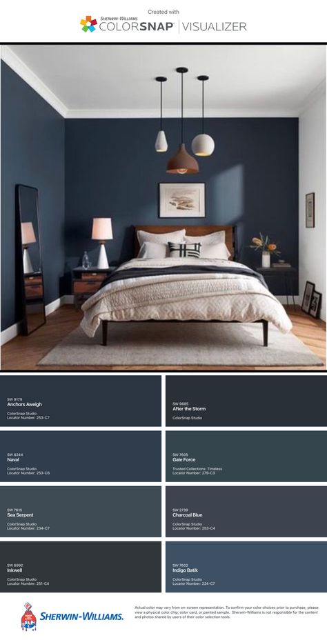 Men’s Room Color Scheme, Men’s Bedroom Ideas Blue, Paint Colors For Guys Bedroom, Dark Blue Small Bedroom, Dark Blue Gray Bedroom Walls, Dark Blues For Bedroom, Dark Male Bedroom, Men’s Bedroom Paint Ideas, Dark Bedroom Feature Wall