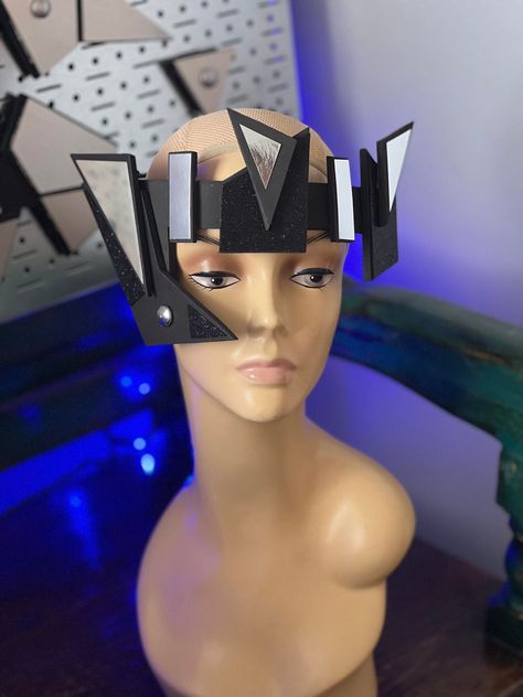 MONOCORE Chrome Futuristic Scifi headpiece geometric headgear costume face halo Chrome Futuristic, Halo Headpiece, Costume Hats, Metallic Leather, Performance Art, Costume Accessories, Headpiece, Original Design, Original Designs