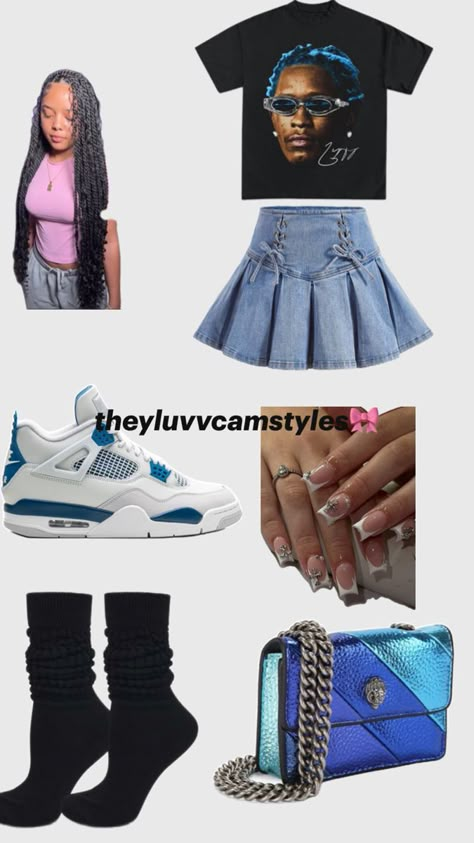 Retro 4 Outfits Jordan Women, Military Blue 4s Outfit Girl, Jordan 4 Cement Outfit, Military Blue 4s Outfit, Jordan 4 Outfit Women, Baddies Outfit, 8th Grade Outfits, Baddie Outfit Ideas, School Fit Ideas