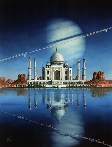 The Sirens Of Titan by Peter Elson, Science Fiction Illustrator #peterelson Peter Elson, Sirens Of Titan, Titan World, Imaginary Landscapes, Fantasy Cities, Fantasy Scenery, Famous Artists Paintings, Scifi Art, 70s Sci Fi Art