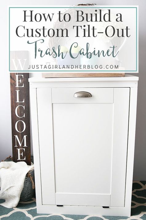 This custom tilt-out trash cabinet is awesome for hiding ugly trash cans and can be customized to match your kitchen! We need to make this for our house! | JustAGirlAndHerBlog.com Trash Cabinet, Can Cabinet, Trash Can Cabinet, Hiding Ugly, Doors And Hardware, Trash Bin, Trash Bins, Amazing Diy, Custom Cabinets