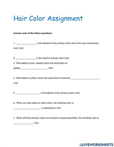 Hair color 0-2 worksheet Hair Color Theory Worksheet, Color Theory Worksheet, Elements Of Art Color, 2 Hair Color, Tertiary Color, School Lesson Plans, Three Primary Colors, Hair School, Cosmetology School