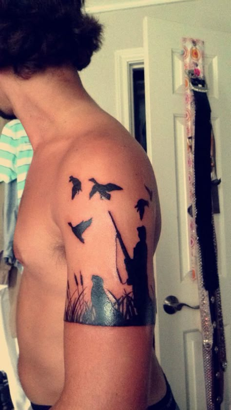 Duck blind silhouette tattoo Love the style of characters and scenery Ducks Unlimited Tattoo, Mens Duck Hunting Tattoos, Grandpa Hunting Tattoos, Hunter Tattoos For Men, Duck Hunting Dog Tattoo, Hunting Dog Tattoos For Guys, Duck Hunting Tattoos Sleeve, Hunting Tattoos For Guys Forearm, Bird Hunting Tattoos