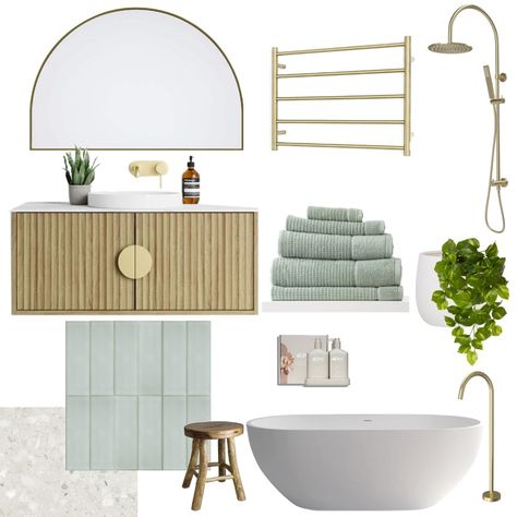 Green And Brushed Brass Bathroom, Green Coastal Bathroom, Coastal Bathroom Gold Hardware, Palm Tiles Bathroom, Modern Coastal Small Ensuite, Renee Taylor, Textured Tile, Beaumont Tiles, Design Mood Board