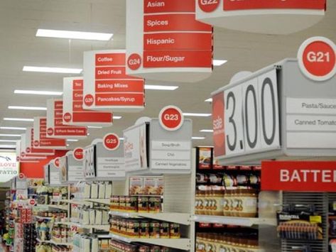 in the target grocery area, the signage of the crocery aisles are not signed once, but twice fro shoppers to naviagte the classified products. This is effective so that majority of shoppers can read the signs at different levels. Supermarket Aisle Signage, Instore Signage Retail, Shopping Mall Signage, Grocery Store Isles, Bodega Signage, Target Grocery, Fruit Pancakes, Asian Spices, Pancake Syrup