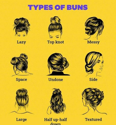 loveyourself Types Of Hairstyles Names, Types Of Hair Bun, 2 Buns Hairstyle, Types Of Buns, Hairstyles Names, Low Bun Hairstyles, Hairstyle Names, Bun Styles, Bun Hairstyle