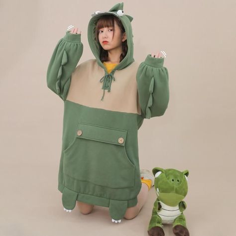 Hoodie Outfit Korean, Cute Hoodie Outfit, Monster Hoodie, Kawaii Hoodies, Kawaii Hoodie, Outfit Korean, Kawaii Dinosaur, Cute Hoodie, Hoodie Green