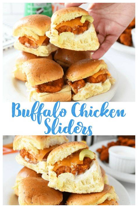 Sliders Recipes Hawaiian Rolls Easy Buffalo Chicken, Chicken Nugget Sliders, Healthy Buffalo Chicken Sliders, Kings Hawaiian Buffalo Chicken Sliders, Rotisserie Chicken Buffalo Sliders, Easy Buffalo Chicken Sliders, Easy Chicken Sliders, Buffalo Chicken Appetizers, Buffalo Chicken Sliders Recipes