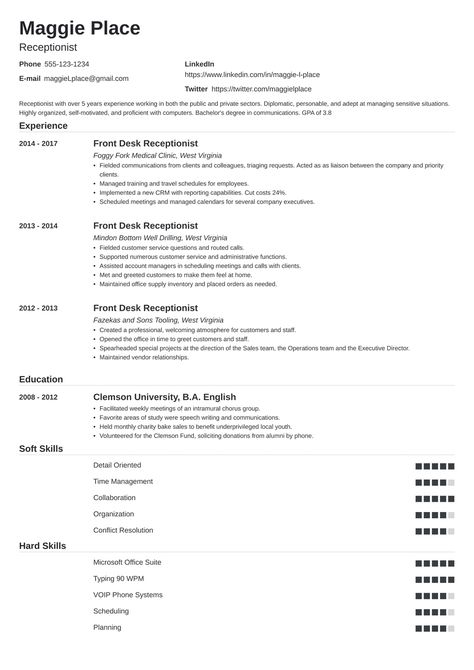 Receptionist Resume Examples (Skills, Job Description & Tips) #resumetemplate #resumedesign #resumeexamples #resumetips #resumeexamplesforjobs #resume #resumelayout #resumewriting #resumeformat #perfectresume #bestresume Resume Examples Skills, Receptionist Resume, Office Assistant Resume, Types Of Jobs, Resume Objective Statement, Receptionist Jobs, Resume No Experience, Agency Office, Resume Layout