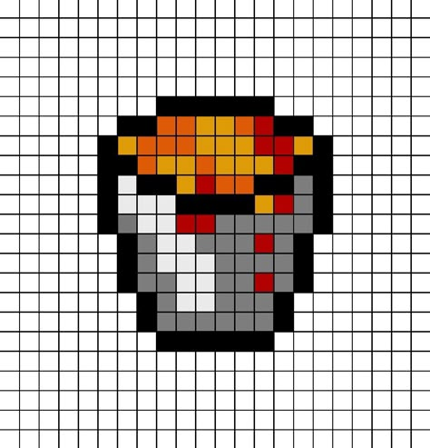 Pixel art template of a bucket of lava from Minecraft. Minecraft Item Pixel Art, Minecraft Food Pixel Art, Minecraft Items Pixel Art, Perler Beads Minecraft, Pixelart Minecraft, Minecraft Pixel Art Templates, Pixel Art Food, Pixel Art Minecraft, Pikachu Drawing