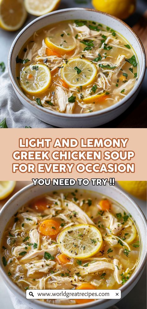 Refresh your dinner routine with this Light and Lemony Greek Chicken Soup, a perfect blend of flavors that captures the essence of Mediterranean cuisine. With its bright lemon notes and savory chicken, this soup is not only delicious but also healthy and nourishing. Ideal for family dinners or meal prep, you’ll love the comforting warmth and rich flavors that this soup provides. Discover the secrets to making this delightful dish with our easy-to-follow instructions and expert tips! Clean Chicken Soup Recipes, Quick Healthy Soups For Dinner, Lemon Pepper Soup, Healthy Sick Meals, Soup With Chicken Broth Recipes, Lemon Chicken Wild Rice Soup, Easy Meals For Sick Family, Healthy Dinner Soups, Lemony Chicken Soup