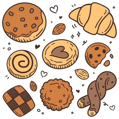 Cute doodle cartoon bakery and cookie set vector illustration Bakery Drawing Cute, Cake Doodle Cute, Dessert Cartoon Drawing, Kawaii Bakery Illustration, Cookie Drawing Aesthetic, Cartoon Cookie Drawing, Cute Cookie Illustration, Bakery Doodle Art, Plate Of Cookies Drawing