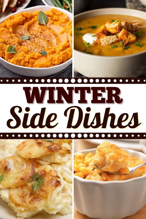 These cozy, tasty winter side dishes will warm you up from the inside out. From sweet potato casserole to pumpkin gratin to butternut squash soup, you'll love these comforting sides. Cozy Side Dishes, Soft Side Dishes, Winter Veggie Side Dishes, Warm Vegetable Side Dish, Warm Side Dishes, Pumpkin Gratin, Winter Sides, Soup Sides, Winter Vegetables Recipes