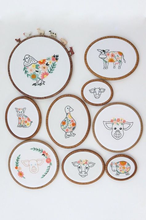 Farmington Hand Embroidery PDF Pattern featuring farm animals with floral motifs, Farm Animals Embroidery Hand Embroidery Patterns Free Printable, Whipped Backstitch, Pig Outline, Floral Chicken, Stem Stitch, Animals Embroidery, Hand Embroidery Patterns Free, Knitting Patterns Free Blanket, Animal Embroidery Designs