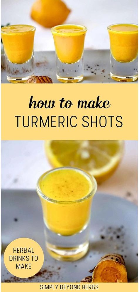 Learn how to make turmeric shots with our guide in herbal drinks. This simple recipe combines the powerful benefits of turmeric with black pepper to maximize absorption and effectiveness. A quick and easy way to boost your overall health. Find more turmeric recipes & turmeric benefits, immunity drink recipes, and immune boosters at simplybeyondherbs.com. Tumeric Medicinal Uses, Turmeric And Ginger Drink, Tumeric Inflammation Drink, Anti Inflammation Turmeric Drink, Tumeric Cleanse Drink, Natural Antibiotic Honey Tumeric, Turmeric Hack Recipe, Homemade Health Tonics, Pineapple And Turmeric Juice