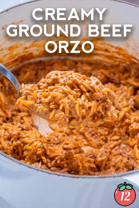 Creamy Ground Beef Orzo | 12 Tomatoes Creamy Ground Beef Orzo, Creamy Tomato Ground Beef Orzo, Ground Beef Orzo Recipes, Orzo Recipes Healthy, Beef Orzo, Creamy Ground Beef, Creamy Orzo, Orzo Recipes, Russian Food