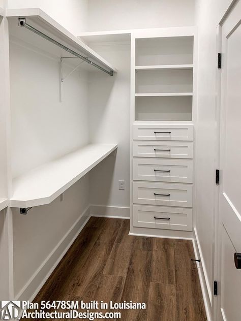 Long Narrow Walk In Closet, Plan 56478sm, Long Narrow Closet, Narrow Walk In Closet, Narrow Closet, Brick Shelves, Closet Renovation, Closet Layout, Home Floor Plans