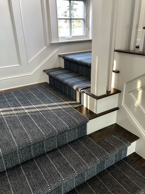 Cliffside in color indigo 100% wool Dark Carpet Stairs, Dark Stair Runner, Stairway Carpet Runner, Stairway Runners, Herringbone Stair Runner, Hoarder House, Stairway Carpet, Farmhouse Stairs, Luxury Stairs