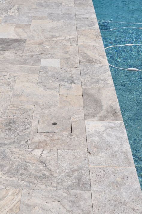 Silver Travertine Coping and Pavers Design | Travertine pool coping, Stone pool, Travertine pool decking Travertine Coping Around Pool, Silver Travertine Pool Coping, Silver Travertine Pool Deck, Patio Travertine, Pool Coping And Tile, Pool Travertine, Pool Coping Ideas, Travertine Pool Deck, Travertine Pool Decking