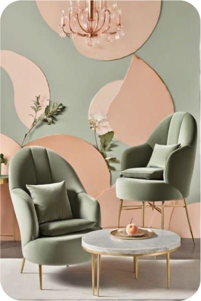 Peach And Green Living Room, Ceiling Modern Design, Sage Green And Peach, Ice Cream Shop Design, Angel Wing Decor, Coral Living Rooms, Bridal Shop Interior, Peach Rooms, Korean Home Decor