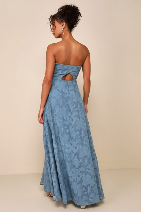 Garden of Romance Dusty Blue Floral Burnout Strapless Maxi Dress Navy Blue Floral Maxi Dress, Chiffon Blue Bridesmaid Dress, Blue Wedding Guest Dress Fall, Blue Floral Bridesmaid Dress, Something Blue Dress, Blue Brides Maid Dresses, Blue Boho Wedding Dress, French Blue Bridesmaid Dresses, Periwinkle Bridesmaid Dress