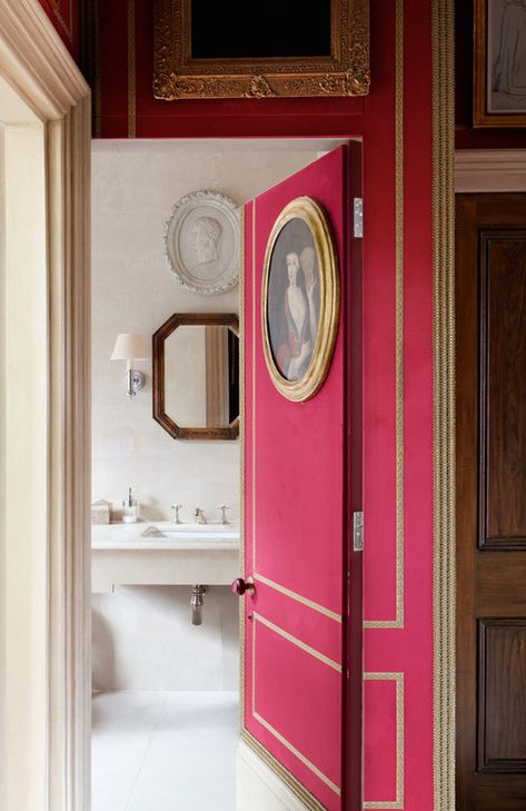 Powder Room by Alidad Ltd & Studio Alidad | hidden door | red and gold decor | home decor | interior design ideas London Home Decor, Chic Apartment Decor, Chic Style Inspiration, Secret Room, Secret Door, Mirror On The Wall, London Apartment, Powder Rooms, Hidden Door