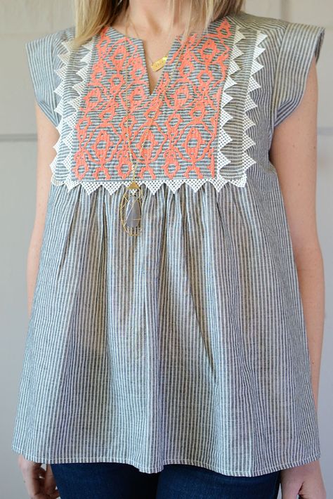 Grey and White Striped Peasant Top with Embroidery Ideas For Shirts, Kids Fashion Dress, Kurta Designs Women, Baby Frocks Designs, Frocks For Girls, Stylish Dresses For Girls, Pakistani Dress Design, Frock Design, Designs For Dresses