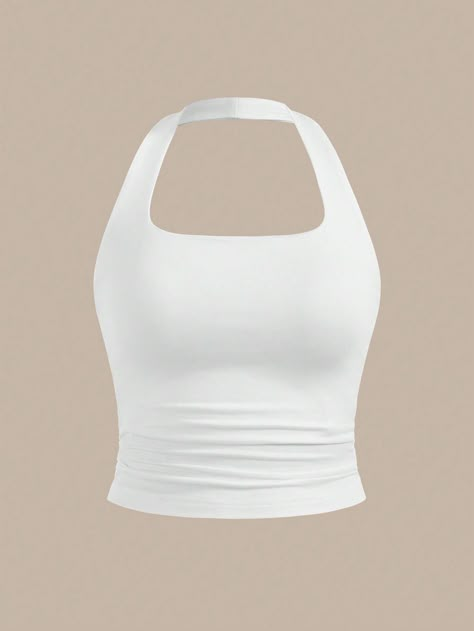 Women Solid Knit Pleated Side Tank Top With Padded Square Neck, Basic White Casual   Knitted Fabric Plain Halter Medium Stretch  Women Clothing, size features are:Bust: ,Length: ,Sleeve Length: Riddle Rosehearts, Halter Neck Crop Top, Summer Board, Cute Homecoming Dresses, Breast Tape Lift, Square Neck Top, Nice Outfits, Short Sleeve Cropped Top, Kids Jewelry