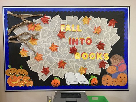 Fall into books library bulletin board. Book pages backdrop. 2022 Fall Into A Good Book Bulletin Board, Fall Library Bulletin Boards, Fall Into A Good Book, Fall Library Displays, Fall Library, Book Bulletin Board, Library Decorations, Into Books, Library Bulletin Board