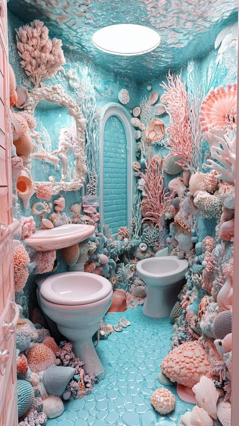 Surreal bathroom with coral decor, turquoise tiles, and pastel colors, featuring a sink, toilet, and whimsical fairy tale Ocean Bathroom Aesthetic, Maximalist Bathrooms, Sea Bathroom Ideas, Ocean Bathroom Ideas, Witchy Dollhouse, Underwater Bathroom, Crazy Bathroom, Turquoise Tiles, Futuristic Bathroom