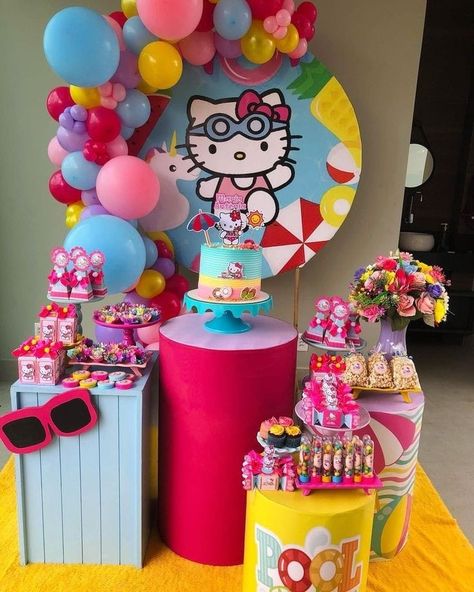 Sanrio Pool Party, Hello Kitty Pool Party Decorations, Hello Kitty Pool Party, Hello Kitty Birthday Party Decorations, Hello Kitty Invitation Card, Pool Birthday Cakes, Hello Kitty Pinata, Sanrio Birthday, Hello Kitty Invitations