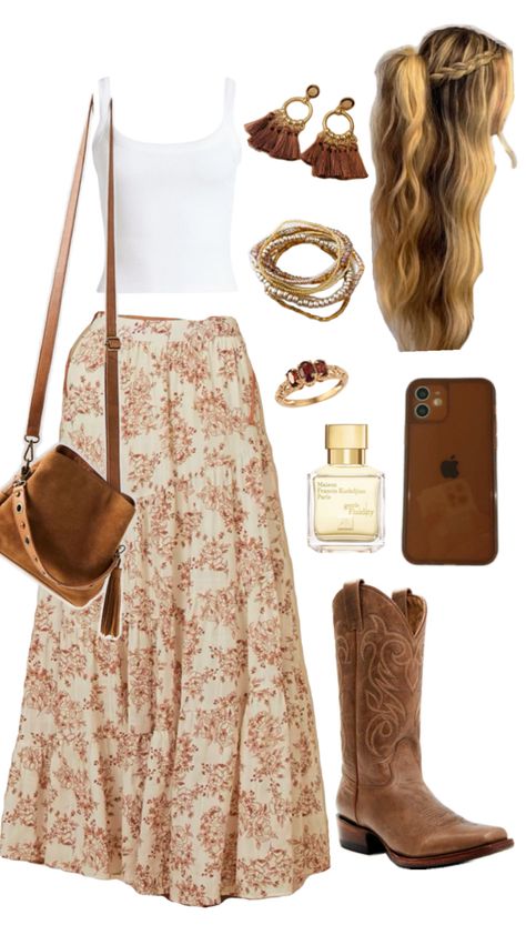 Floral maxi skirt, brown western cowboy boots, fringe tassel earrings Boots And Maxi Skirt, Outfit For Church, Texas Fashion, Boho Country, Western Style Outfits, Boho Style Outfits, Maxi Skirt Outfits, Western Outfits Women, Skirts With Boots