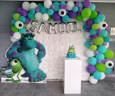 Monster University Party Ideas, Monsters Inc Balloon Decorations, Monsters Inc Balloon Arch, A Little Monster Is On The Way, Monsters Inc Party Decor, Monsters Inc Balloon Garland, Monsters Inc 1st Birthday Boy, Monsters Inc Birthday Party Ideas 3rd, Monsters University Decorations