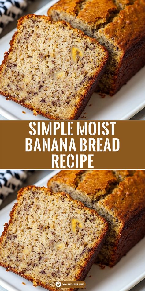 This simple moist banana bread recipe uses ripe bananas, walnuts, and raisins. A delicious and easy treat for any time of day! Banana Nut Recipes Breads, Super Simple Banana Bread, Easy Bannana Bread, Simple Moist Banana Bread Recipe, Banana Bread Recipe Few Ingredients, Moist Banana Bread Muffins Easy, Easy Simple Banana Bread, Small Banana Bread Recipe Easy, No Milk Banana Bread