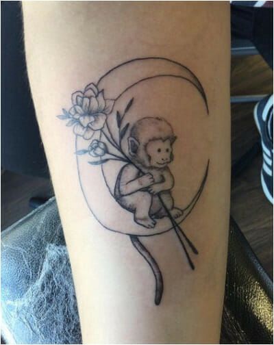 This tattoo combines the innocence of a baby monkey with the moon, representing playfulness and the beauty of nature. Monkey Tattoo, Celestial Tattoo, Monkey Tattoos, Moon Tattoo Designs, Beyond The Horizon, Baby Monkey, Star Tattoos, Moon Tattoo