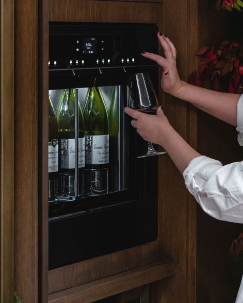 Kitchen Wine Wall Ideas, Wine Fridge Wall, Wine Dispenser In Kitchen, Wine Fridge Living Room, Built In Wine Dispenser, Wine Refrigerator Ideas, Aesthetic Gadget, Wine Machine, Small Wine Fridge