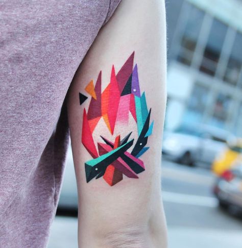 Polygon Tattoo, Campfire Tattoo, Tiki Tattoo, Lightning Tattoo, Colorful Tattoo, Polygon Art, Fire Tattoo, Latest Tattoos, Arm Band Tattoo