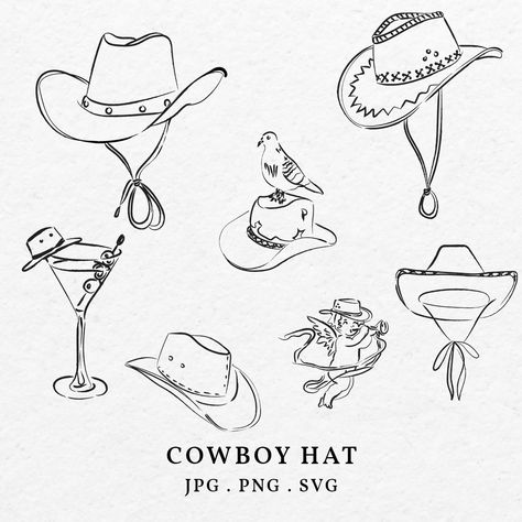 Cowboy Hat Tattoo Design, Cowboy Hat Line Drawing, Western Hat Tattoo, Cowgirl Hat Illustration, Retro Western Wedding, Cowboy Hat Sketch, Cowboy Hat Doodle, Cowboy Hat Outline, Cowboy Doodles