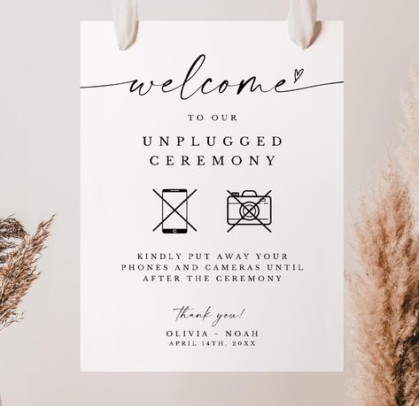 Welcome to Our Unplugged Ceremony Wedding Sign Template | Editable Digital Download Add a personal touch to your wedding day with our customizable "Welcome to Our Unplugged Ceremony" sign template! Perfect for couples who want to keep their ceremony intimate and focused, this stylish sign kindly requests guests to turn off their phones and cameras, allowing everyone to be fully present in the moment. Instant Digital Download: Access a high-quality, customizable template immediately upon purchase Diy Unplugged Ceremony Sign, Unplugged Ceremony Sign Funny, Wedding Ceremony Sign, Unplugged Ceremony Sign, Unplugged Ceremony, Welcome Sign Wedding, Ceremony Sign, Wedding Ceremony Signs, Wedding Printable