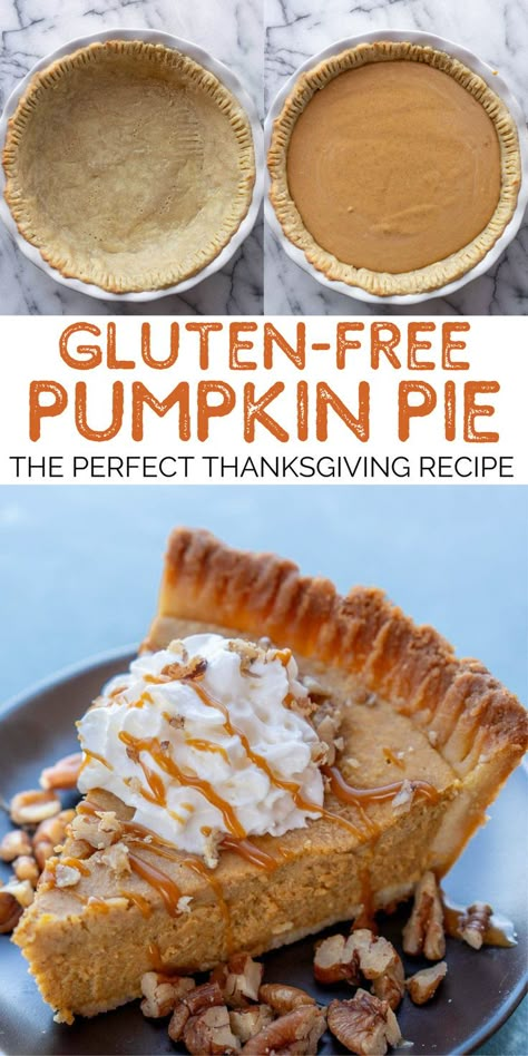 This Gluten Free Pumpkin Pie features a flakey, buttery crust with a creamy pumpkin and cinnamon filling! This dessert recipe is great for Thanksgiving gatherings, fall parties, and fall potlucks. Gluten Free Pumpkin Pie Recipe, Gluten Free Desserts Thanksgiving, Easy Gluten Free Meals, Pumpkin Pie From Scratch, Gluten Free Fall Recipes, Gluten Free Pumpkin Pie, Chocolate Peanut Butter Desserts, Pumpkin Filling, Gluten Free Pie Crust