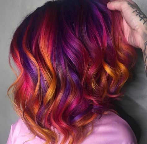 Pinwheel Hair Color Ideas Patterns, Short Sunset Hair, Halloween Hair Color Ideas Short Hair, Dark Vivid Hair Color, Jewel Tone Hair Color, Spooky Hair Color, Fall Vivid Hair Color, Halloween Hair Color Ideas, Halloween Hair Color