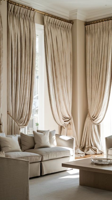 These curtains work well with various decor styles, from traditional to contemporary. Pair them with sheer curtains for added depth or use tiebacks to let natural light flood in during the day. Their versatility and charm make them a staple in interior design.
For a dramatic effect, ensure the drapes reach the floor or even puddle slightly. This small detail creates an opulent feel, perfect for making a statement in your home. Modern Dining Room Curtain Ideas, Double Curtain Living Room, Patio Door Curtains Sliding, Linen Curtains Living Room Modern, Puddling Curtains, Drapery Ideas For Living Room, Cornices For Windows, Curtains Contemporary, Curtains In Living Room