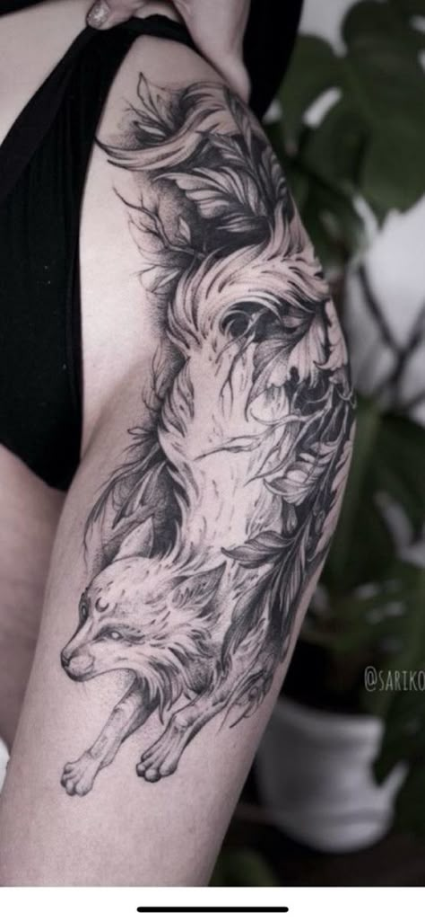 Fox Tattoo On Thigh, Thigh Fox Tattoo, Fox Leg Tattoo, Fox Tattoo Thigh, Fox Tattoo Leg, Wolf Hip Tattoo, Wolf Tattoo Leg, Fox Thigh Tattoo, Wolf Leg Tattoo