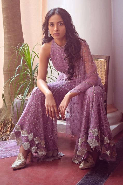 Top And Sharara Set, Crystals Makeup, Top With Pants, Lavender Fabric, Lipstick Eyeshadow, Indian Outfits Lehenga, Indian Look, Embroidered Crop Tops, Indo Western Dress