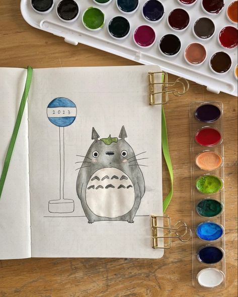 bullet journal 2023 cover: theme: studio ghibli (films created by hayao miyazaki): my neighbor totoro. drawing and watercoloring. credit: darylsdays Journal 2023 Cover, 2023 Bujo Cover, My Neighbor Totoro Drawing, Bullet Journal 2023, Totoro Drawing, 2023 Bujo, Bujo Cover, Bujo Ideas, Life Habits