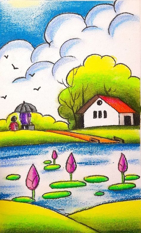 Scenery Colour Pencil, Kids Oil Pastel Drawing, Simple Scenery Drawing For Kids, Landscape Drawings Easy For Kids, Natural Scenery Drawing For Kids, Kids Drawing Ideas Easy Nature, Nature Landscape Drawing Easy, Oil Pastel Drawings Easy Scenery, Easy Scenery Drawing For Kids